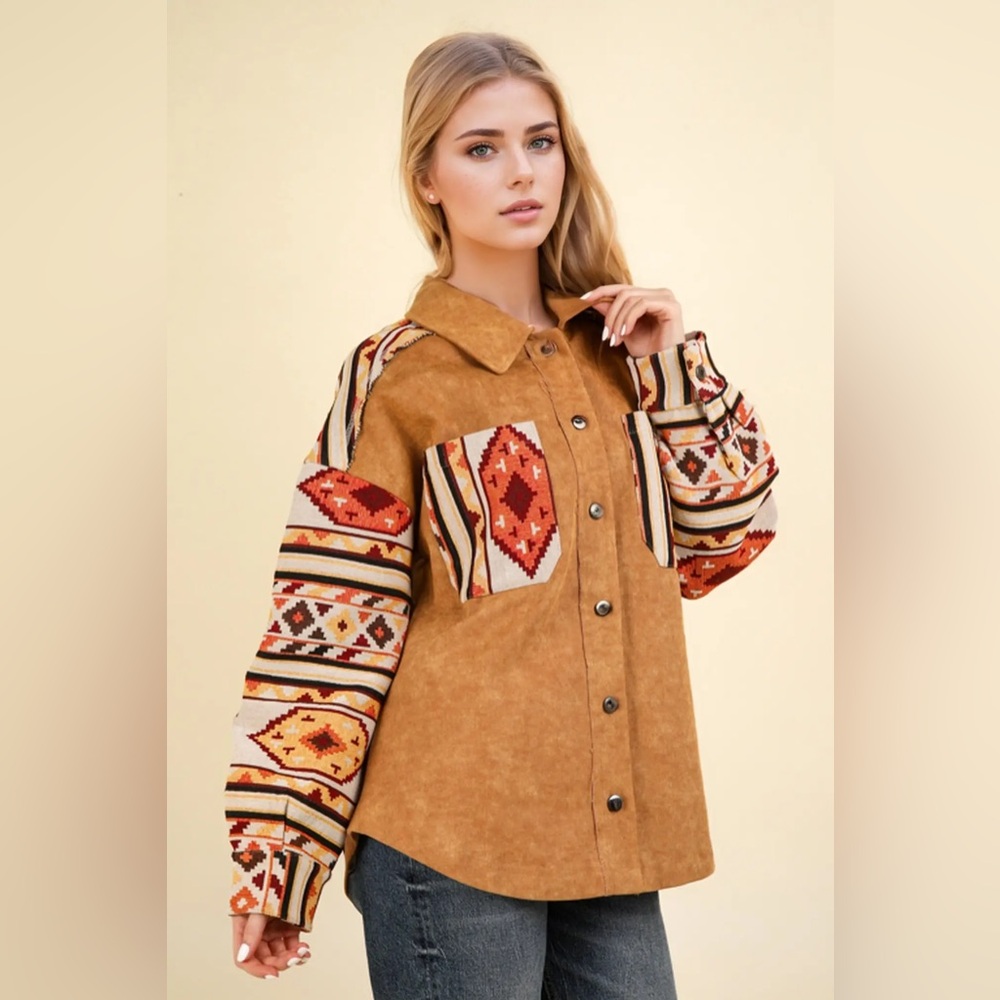 $89 NWT New In Aztec western Graphic Oversized Button Down Shacket Jacket L - Picture 2 of 10